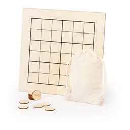A wooden Sudoku board with a cream drawstring bag and wooden tokens, featuring a simple design and natural colours.