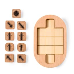 A wooden puzzle game featuring a rectangular block structure and directional arrow tiles in a natural wood finish.