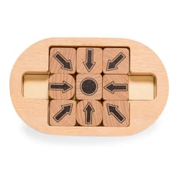 A wooden puzzle featuring nine blocks with directional arrows and a central circle, held in an oval tray.