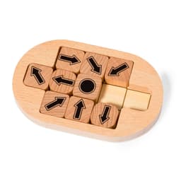 A wooden puzzle featuring multiple blocks with arrow designs, set in a rectangular tray.