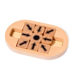A wooden puzzle featuring nine blocks with arrow designs, arranged in a circular tray. It has a central hole.
