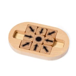 A wooden puzzle featuring nine directionally marked blocks arranged in an oval frame with a central hole.