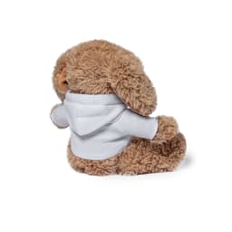 A plush toy in the shape of a bunny, featuring soft brown fur and wearing a white hoodie.