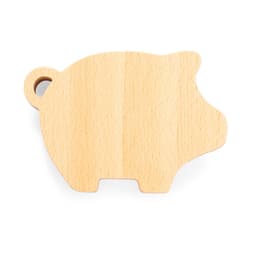 A wooden pig-shaped money box with a smooth finish, featuring a hole for inserting coins.