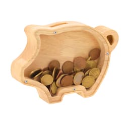 A wooden pig-shaped money box filled with various coins, featuring a small slot for deposits. It has a simple branding logo.