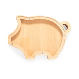 A wooden piggy bank in a natural finish, featuring a simple cut-out design and a circular handle.