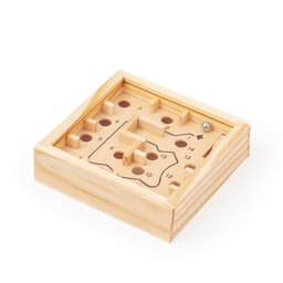 A wooden puzzle game in a square frame, featuring a metal ball and various pathways and holes for the ball to navigate.