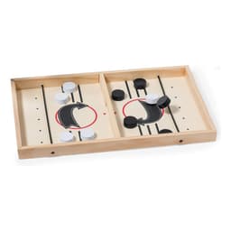 A wooden game board featuring black and white pieces, along with arrows and a central divider.