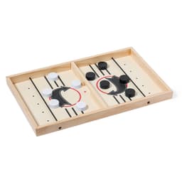 A wooden game board with black and white pieces arranged in two sections for gameplay. It includes a simple design and lines.