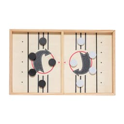 A wooden game board featuring black and white game pieces, divided with a central line. It has a logo on the side.