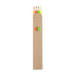 A cardboard packaging containing five coloured pencils in orange, pink, yellow, green, and blue.