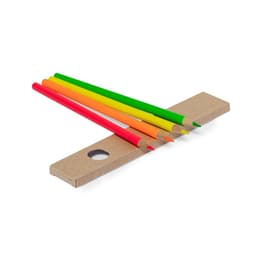 A wooden pencil set featuring four vibrant pencils in red, orange, yellow, and green, alongside a kraft paper holder.