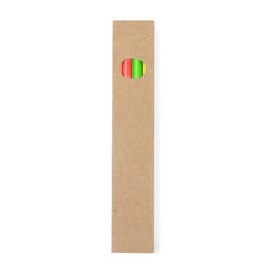 A wooden pencil pack featuring red and green pencils, presented in a simple brown kraft box with a circular cutout.