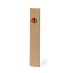 A wooden pencil with a sleek design, presented in a brown cardboard case with a circular cut-out revealing red and green tips.