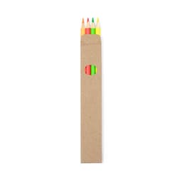 A packaging of coloured pencils in a brown cardboard holder, featuring red, green, yellow, and other shades.