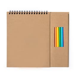 A spiral-bound sketchbook with a set of six coloured pencils in yellow, orange, red, green, blue, and purple.