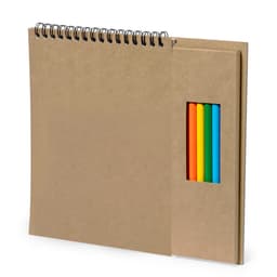 A spiral-bound notebook with a brown cover and a pocket containing five coloured pencils in vibrant hues.