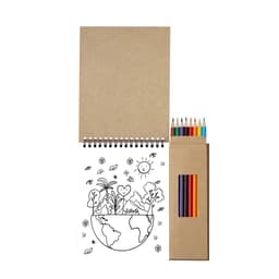 A sketchbook with a spiral binding, featuring a black-and-white drawing, accompanied by a pack of coloured pencils.