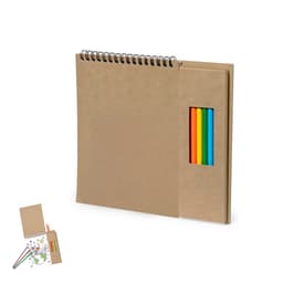 A spiral-bound notepad with a cardboard cover and a side pocket containing five vibrant coloured pencils.