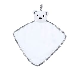 A plush toy characterised by a triangular white fabric with a bear head and grey braided detailing. It features a logo.