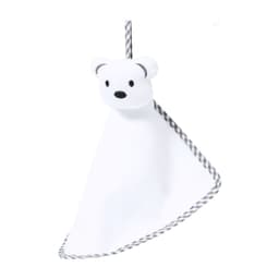 A plush toy named "Turam" featuring a white bear head and a white blanket with a grey striped edge.