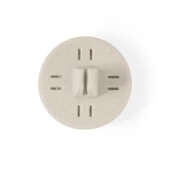 A round, light grey air freshener with slits for fragrance release, featuring a central attachment point and a simple design.