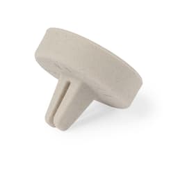 A round, beige Roketa Freshener with a textured surface, featuring a logo. The item has a three-pronged base.