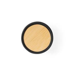 A round container with a bamboo lid and a black base, suitable for storage. It features a logo on the surface.