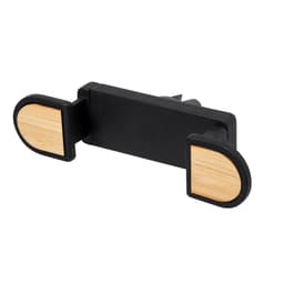 A black car phone holder with wooden accents, featuring adjustable grips for secure device mounting.
