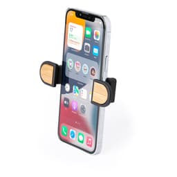A car phone holder with black and wooden accents, securely holding a smartphone displaying various app icons.