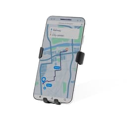A smartphone mounted in a black car phone holder, displaying a navigation app with a map route.