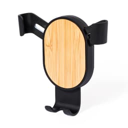 A car phone holder featuring a black frame and a bamboo-style panel on the front. It has a logo on the side.