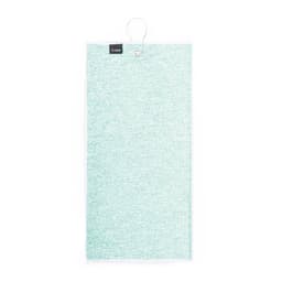 A light green golf towel with a loop for hanging and a logo. The fabric appears textured.