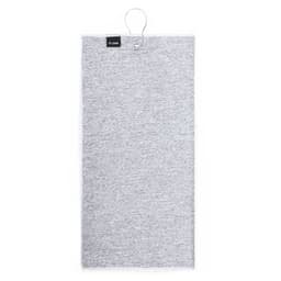 A grey golf towel with a hanging loop, featuring a logo. The texture appears soft and absorbent.