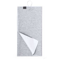 A grey golf towel featuring a hook for easy attachment. It has a white underside and a logo.