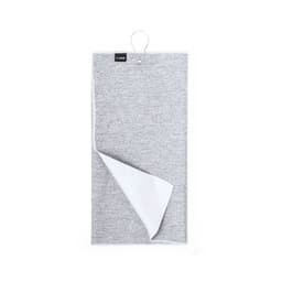 A grey golf towel with a white underside, featuring a hang loop and a logo.