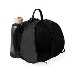 A black bag with a rounded shape and a drink bottle in a mesh pocket on the side. The bag has a handle and zip closure.