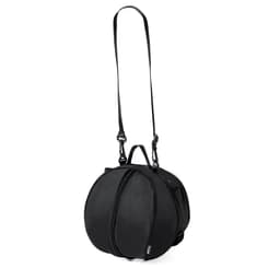 A black round bag with an adjustable strap and handles, featuring a zippered section and a logo.