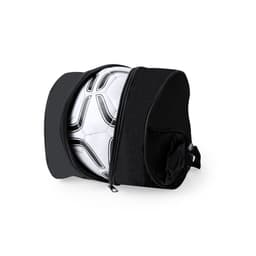 A black bag with a zipped compartment, containing a white and black soccer ball. It has a logo on the exterior.