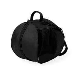 A black, round bag with a mesh side pocket and dual zippers, featuring a handle and adjustable straps.