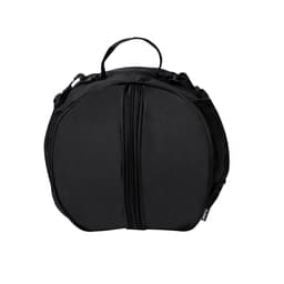 A black, round bag with a zippered closure and mesh side pockets, featuring a sturdy handle and a logo.