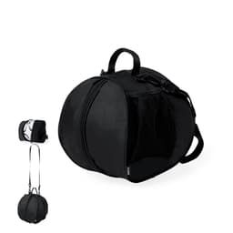 A black bag with a rounded shape, featuring a mesh pocket and a zipper, includes handles and an adjustable strap.