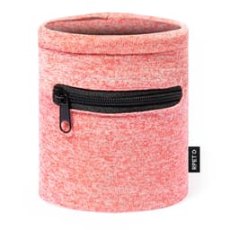 A cylindrical container in a grey and pink blend with a zippered pocket on the front and a logo tag.
