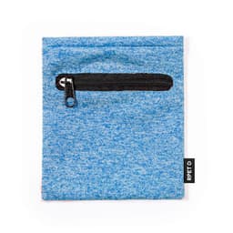 A blue fabric pouch with a zippered black pocket on the front and a branding label on the side.