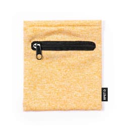 A textured yellow pouch with a black zip pocket and a small logo tag on the side.