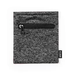 A grey textured pouch with a zippered pocket and a small branding label on the side.