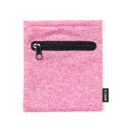 A pink fabric pouch featuring a black zippered pocket and a small logo tag on the side.