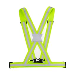 A reflective vest in bright yellow with grey accents and reflective stripes, featuring adjustable straps and a buckle.