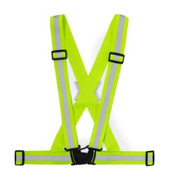 A high-visibility yellow safety jacket featuring reflective strips and adjustable straps, designed for safety wear.