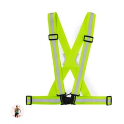 A bright yellow safety harness with reflective straps and adjustable buckles, designed for visibility and safety.